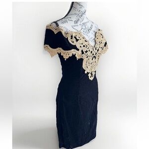 vintage 80s scott mcclintock gold black Velour Lace bodycon Off shoulder dress